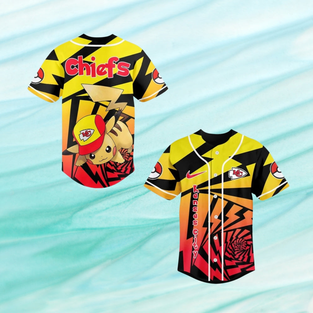 Kansas City Chiefs 2025 Pokemon Trainers Pikachu Fight Baseball Jersey