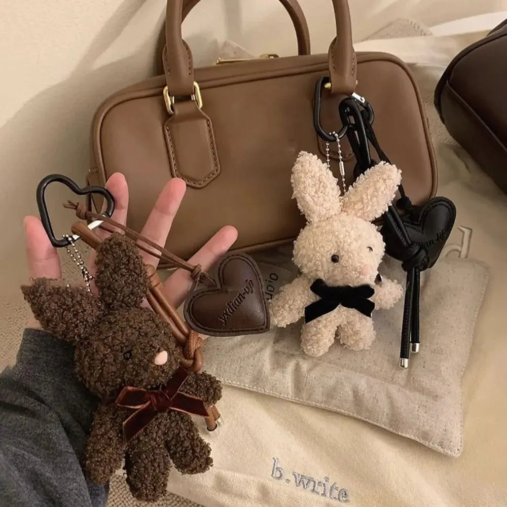 Kawaii Plush Bunny Keychain Leather Heart Pendant Cartoon Doll Bag Charm Keychain Couples Bag Pendant Accessories