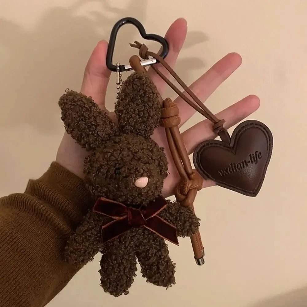 Kawaii Plush Bunny Keychain Leather Heart Pendant Cartoon Doll Bag Charm Keychain Couples Bag Pendant Accessories