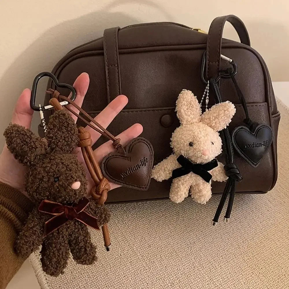 Kawaii Plush Bunny Keychain Leather Heart Pendant Cartoon Doll Bag Charm Keychain Couples Bag Pendant Accessories