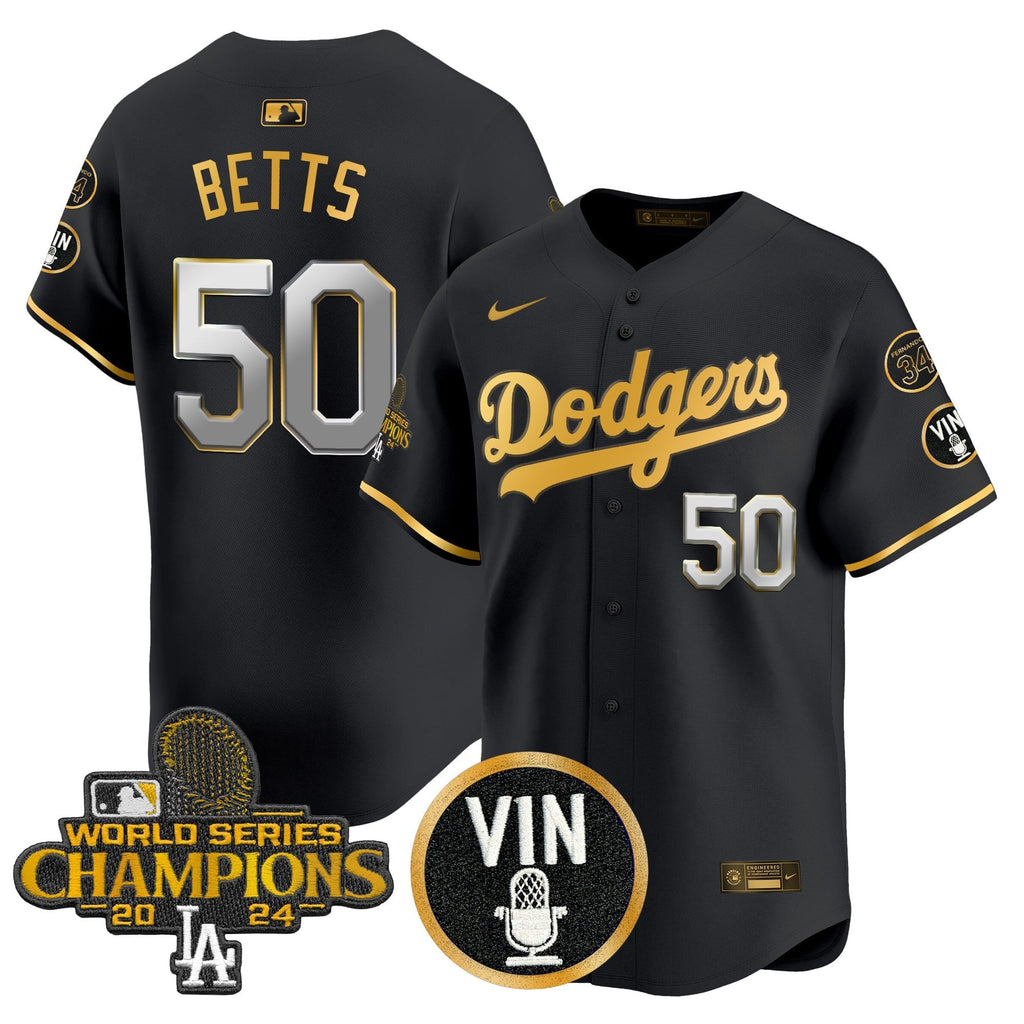 Men's Dodgers 2025 Vin Scully & #34 Fernando Patch Gold Vapor Premier Limited Jersey - All Stitched